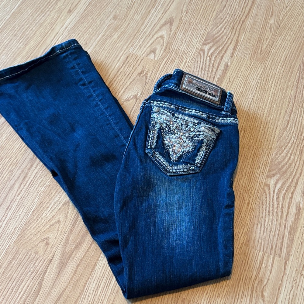 Girls Grace in LA Dark Blue Boot Cut Jeans with Beaded Pocket